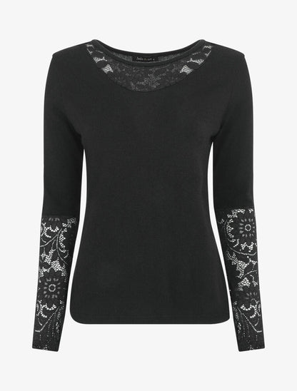 Pull droit uni col et manches en dentelle - Noir - 1