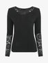 Pull droit uni col et manches en dentelle - Noir - 1