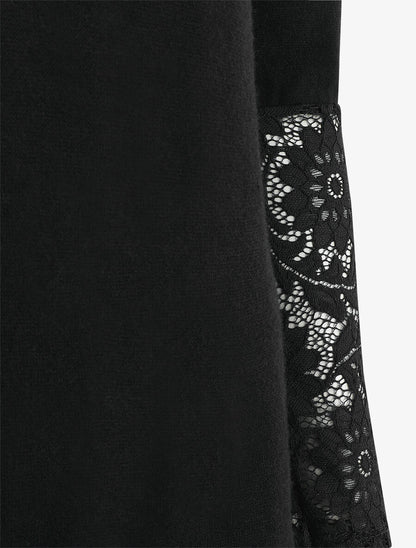 Pull droit uni col et manches en dentelle - Noir - 3