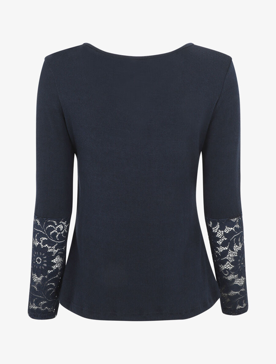 Pull droit uni col et manches en dentelle - Marine - 2