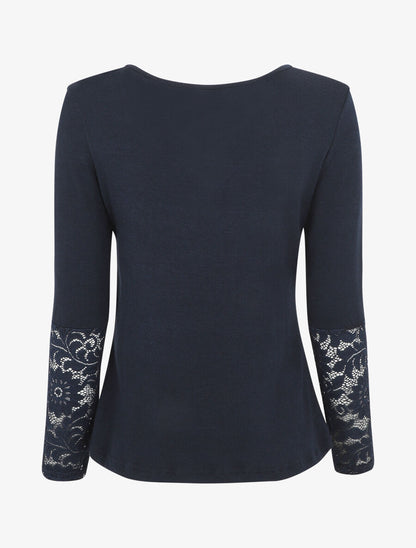 Pull droit uni col et manches en dentelle - Marine - 2