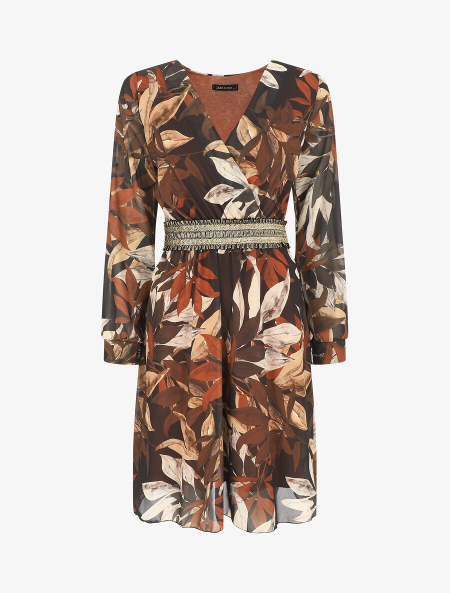 Robe courte évasée motif feuilles - Marron - 1