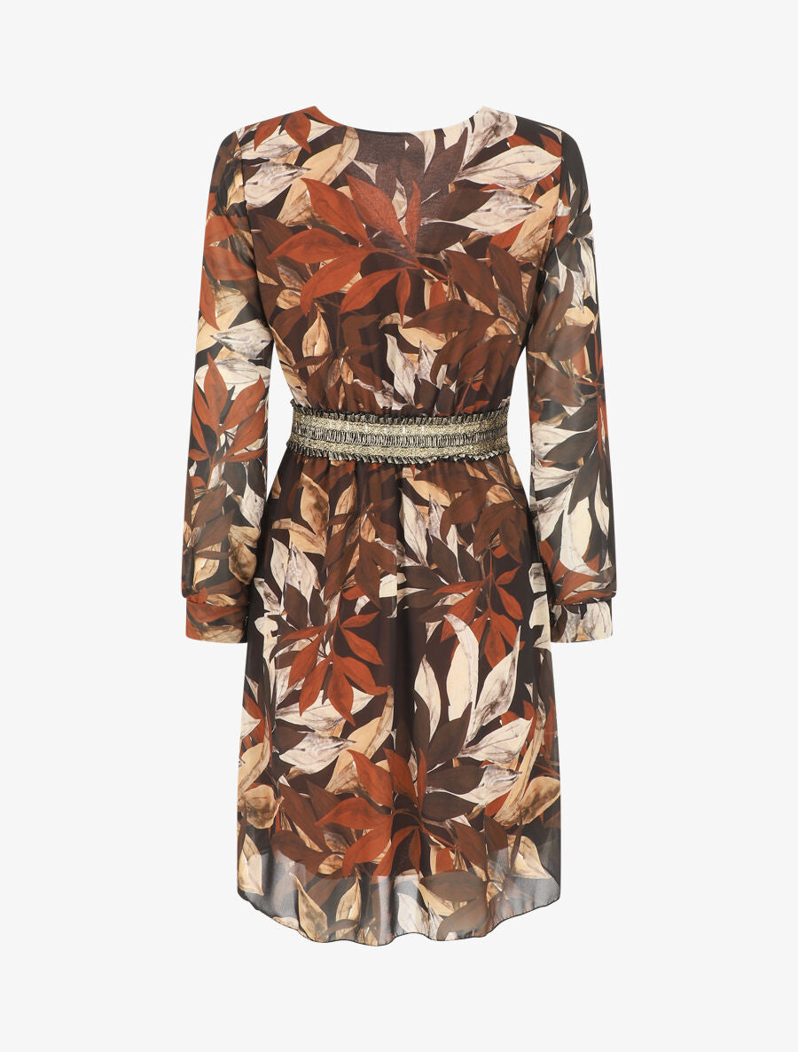 Robe courte évasée motif feuilles - Marron - 2
