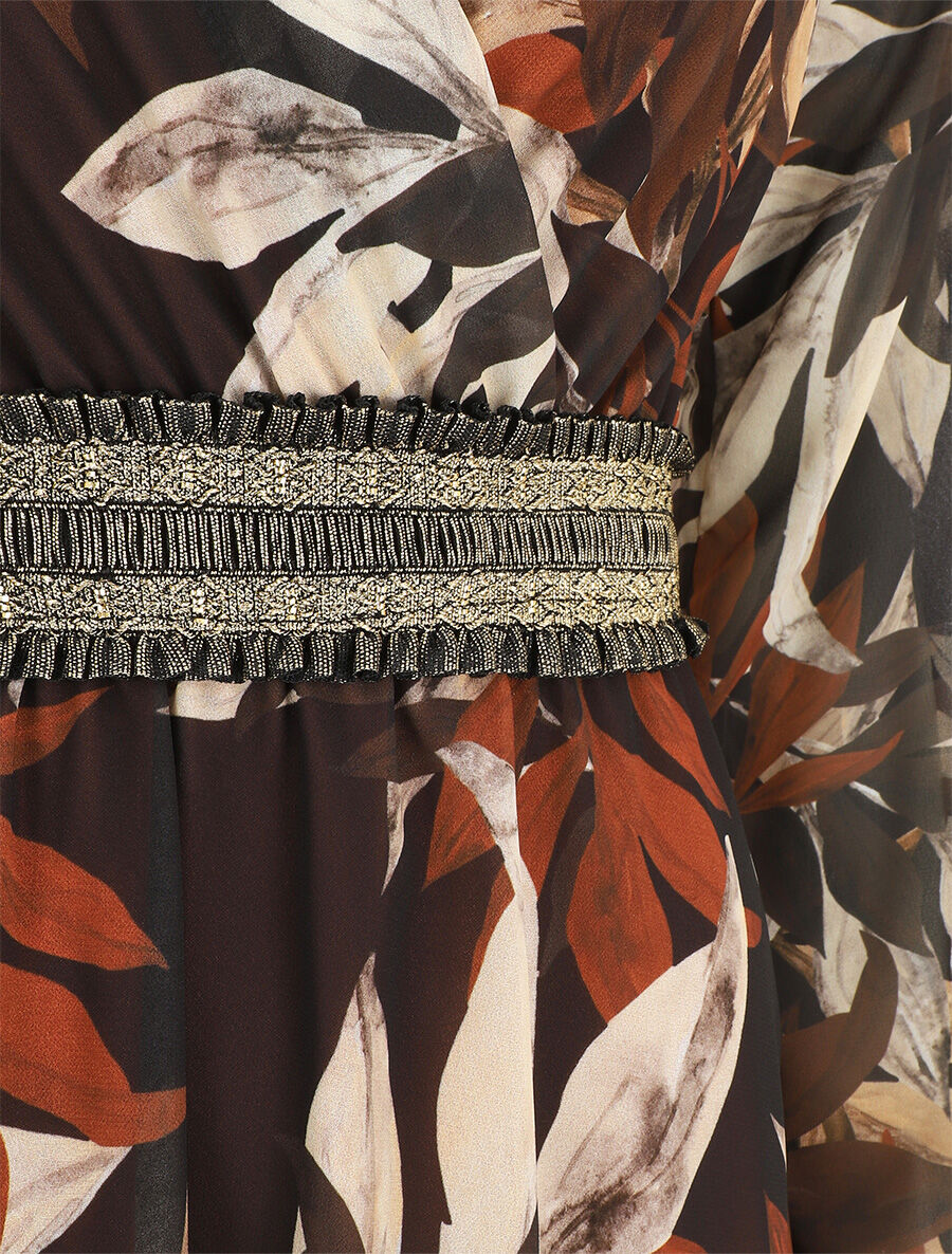 Robe courte évasée motif feuilles - Marron - 3