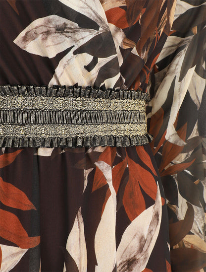 Robe courte évasée motif feuilles - Marron - 3