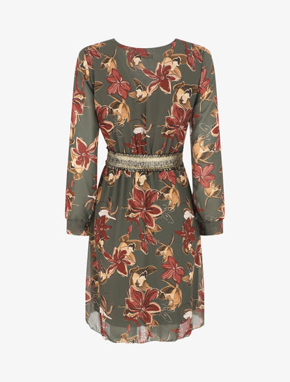 Robe courte évasée motif fleuri - Kaki - 2