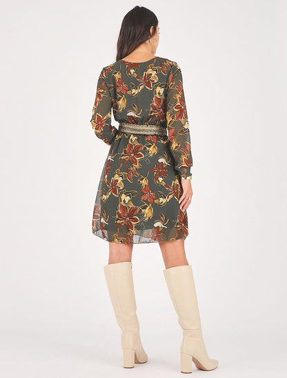 Robe courte évasée motif fleuri - Kaki - 5