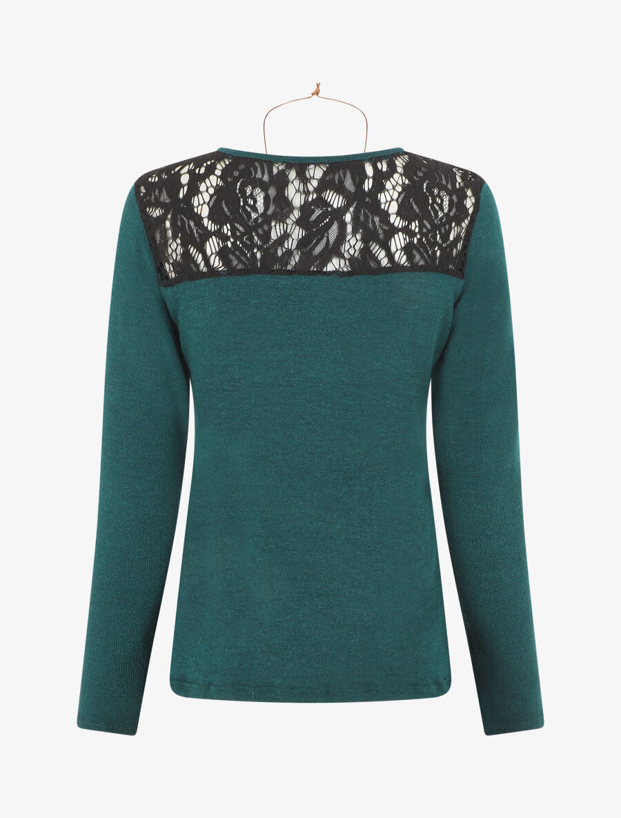 Pull droit uni épaules en dentelle - Vert sapin - 2