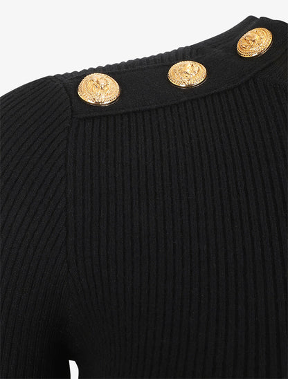 Pull fin côtelé et boutons décoratifs - Noir - 3