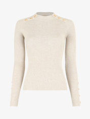 Pull fin côtelé et boutons décoratifs - Beige - 1