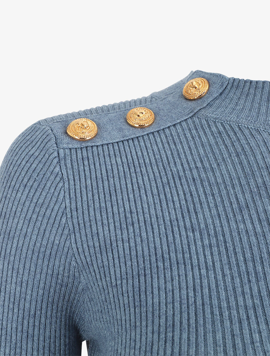 Pull fin côtelé et boutons décoratifs - Bleu - 3