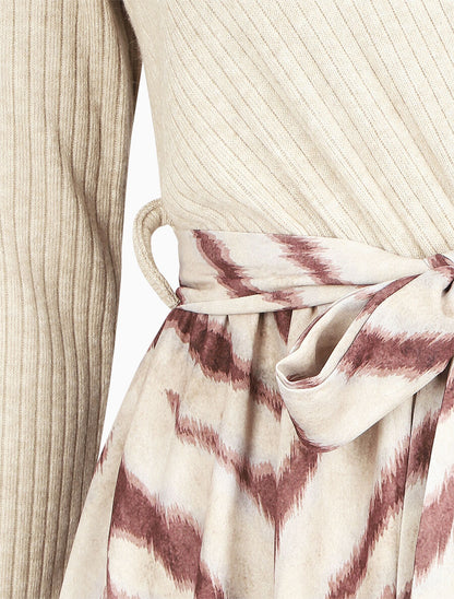 Robe fluide bi-matière imprimé graphique - Beige - 3