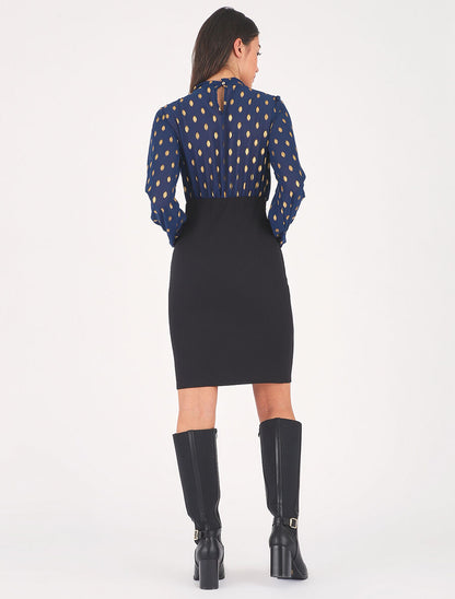 Robe droite bi-matière - Marine - 5