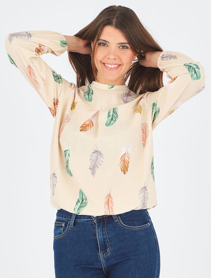 Blouse à imprimé plume - Beige - 6