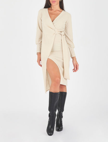 Robe longue unie effet portefeuille - Beige - 1