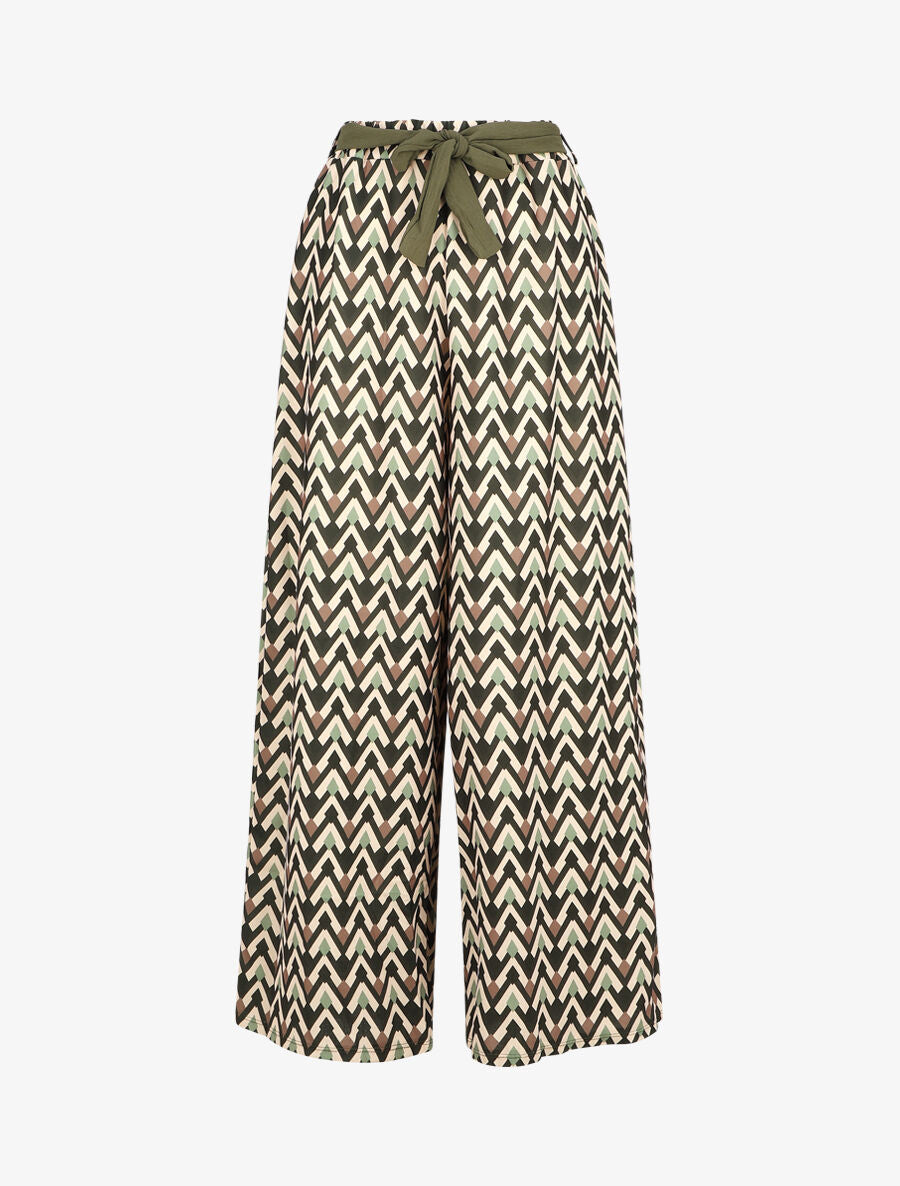 Pantalon ample taille haute motif zigzag fantaisie - Vert - 1
