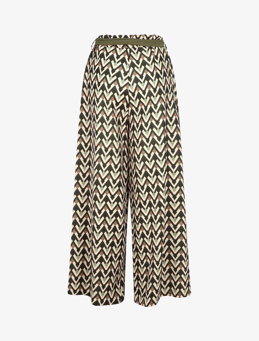 Pantalon ample taille haute motif zigzag fantaisie - Vert - 2