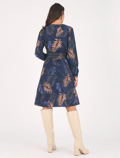 Robe imprimée tropical à taille élastiquée - Marine - 5