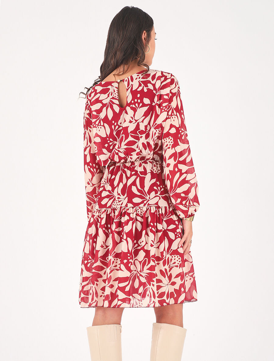 Robe évasée imprimé floral - Bordeaux - 5