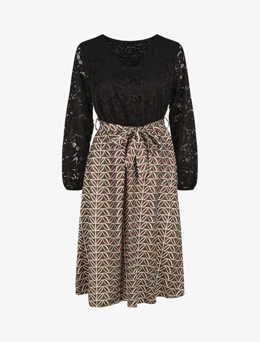 Robe évasée dentelle et imprimé graphique - Kaki - 1