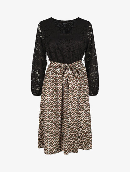 Robe évasée dentelle et imprimé graphique - Kaki - 1