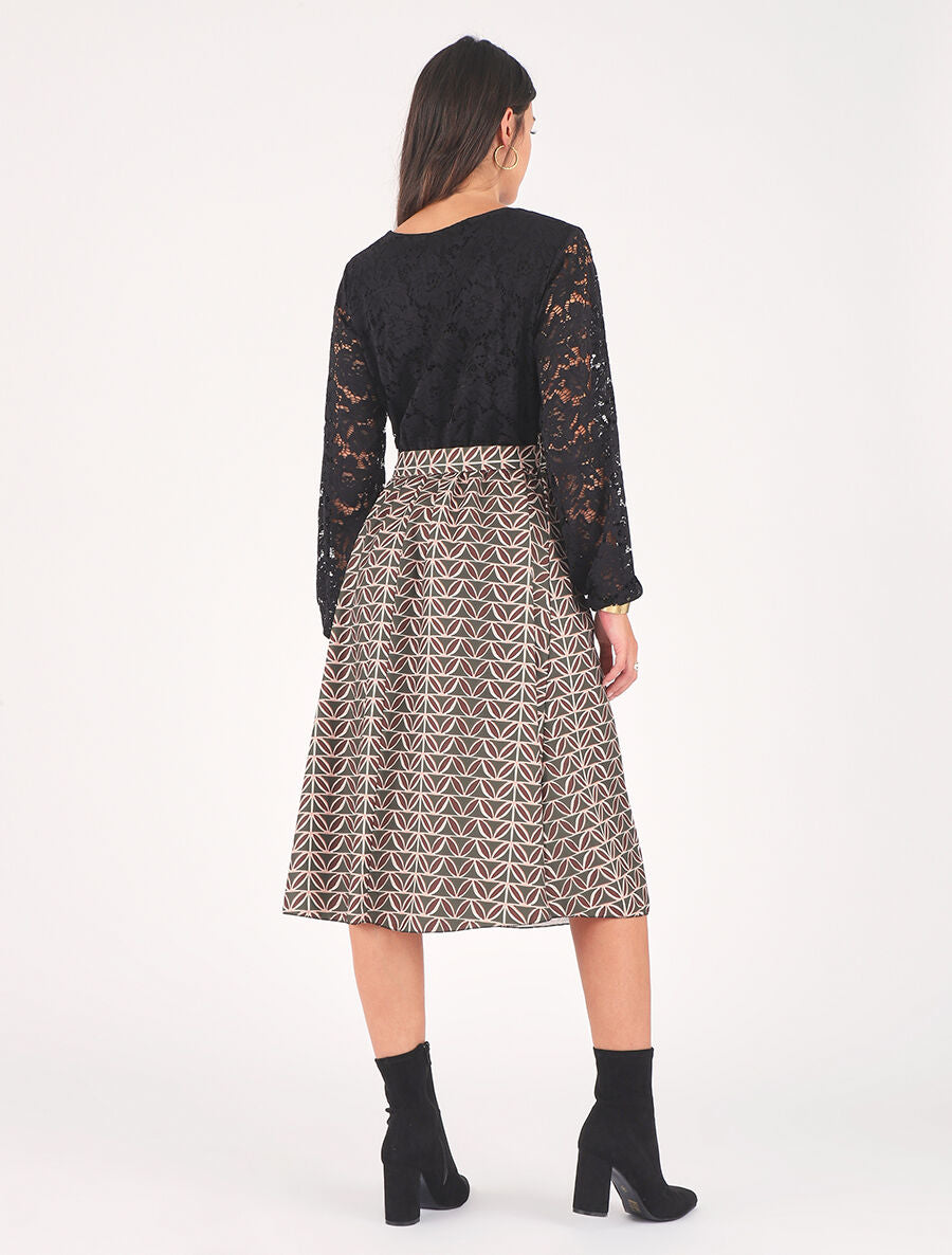 Robe évasée dentelle et imprimé graphique - Kaki - 5