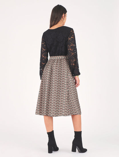 Robe évasée dentelle et imprimé graphique - Kaki - 5