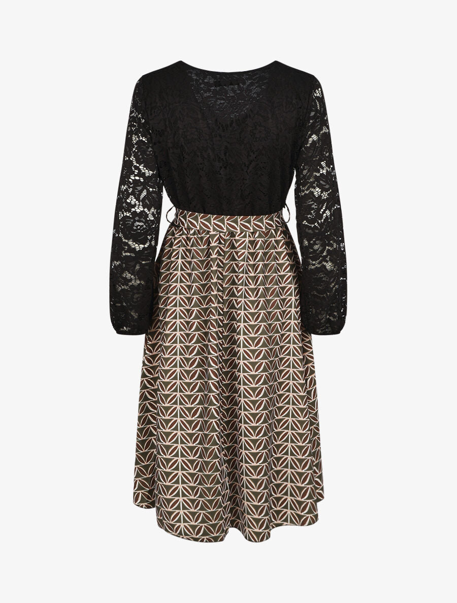 Robe évasée dentelle et imprimé graphique - Kaki - 2