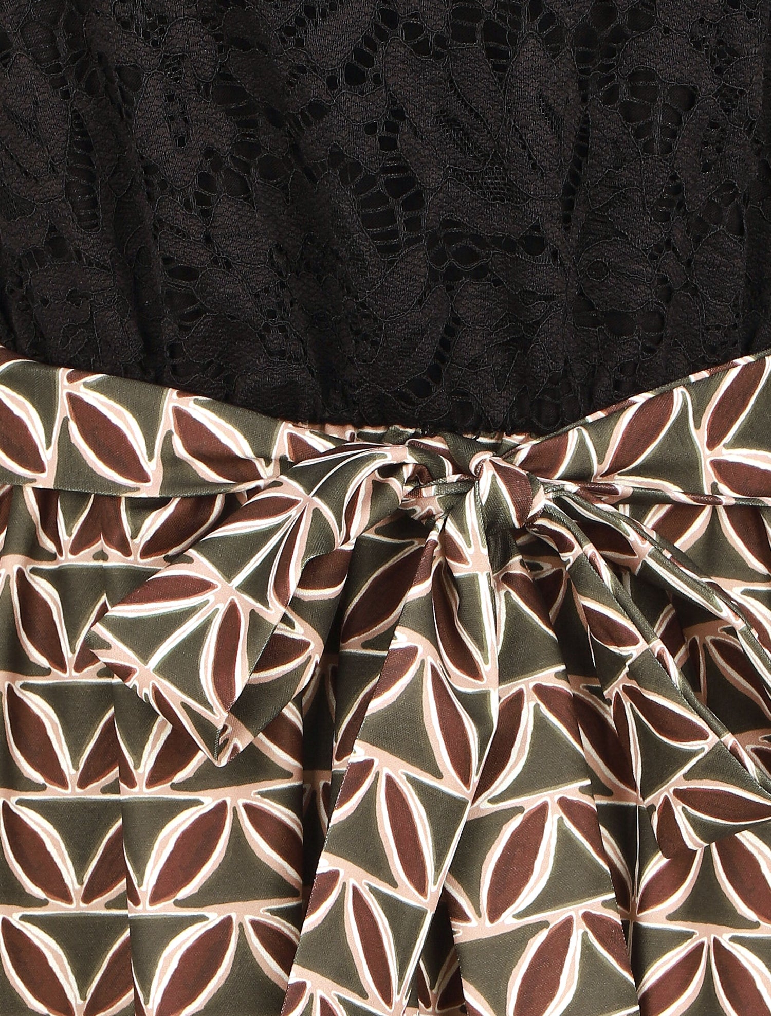 Robe évasée dentelle et imprimé graphique - Kaki - 3
