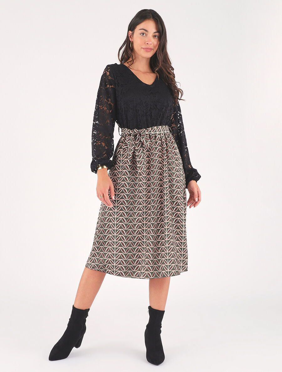 Robe évasée dentelle et imprimé graphique - Kaki - 4