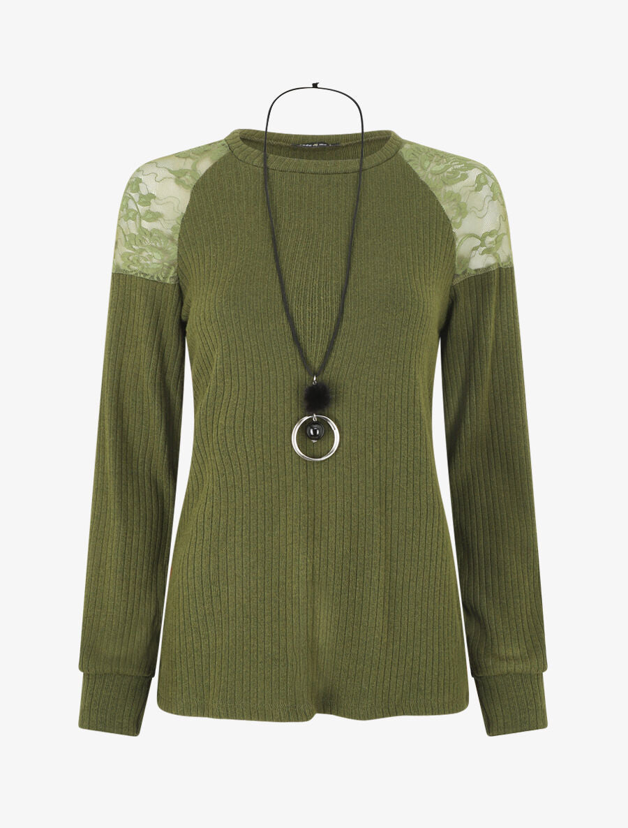 Pull uni et épaules en dentelle - Kaki - 1