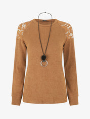 Pull uni et épaules en dentelle - Marron - 4