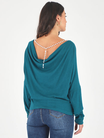 Pull loose dos nu bijou à perles - Bleu canard - 4