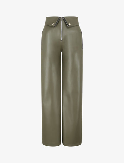 Pantalon ample en simili à revers - Kaki - 1