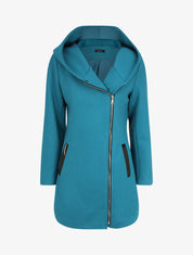 Manteau droit long à capuche - Bleu canard - 1
