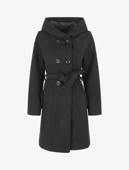 Manteau long croisé à capuche - Noir - 1