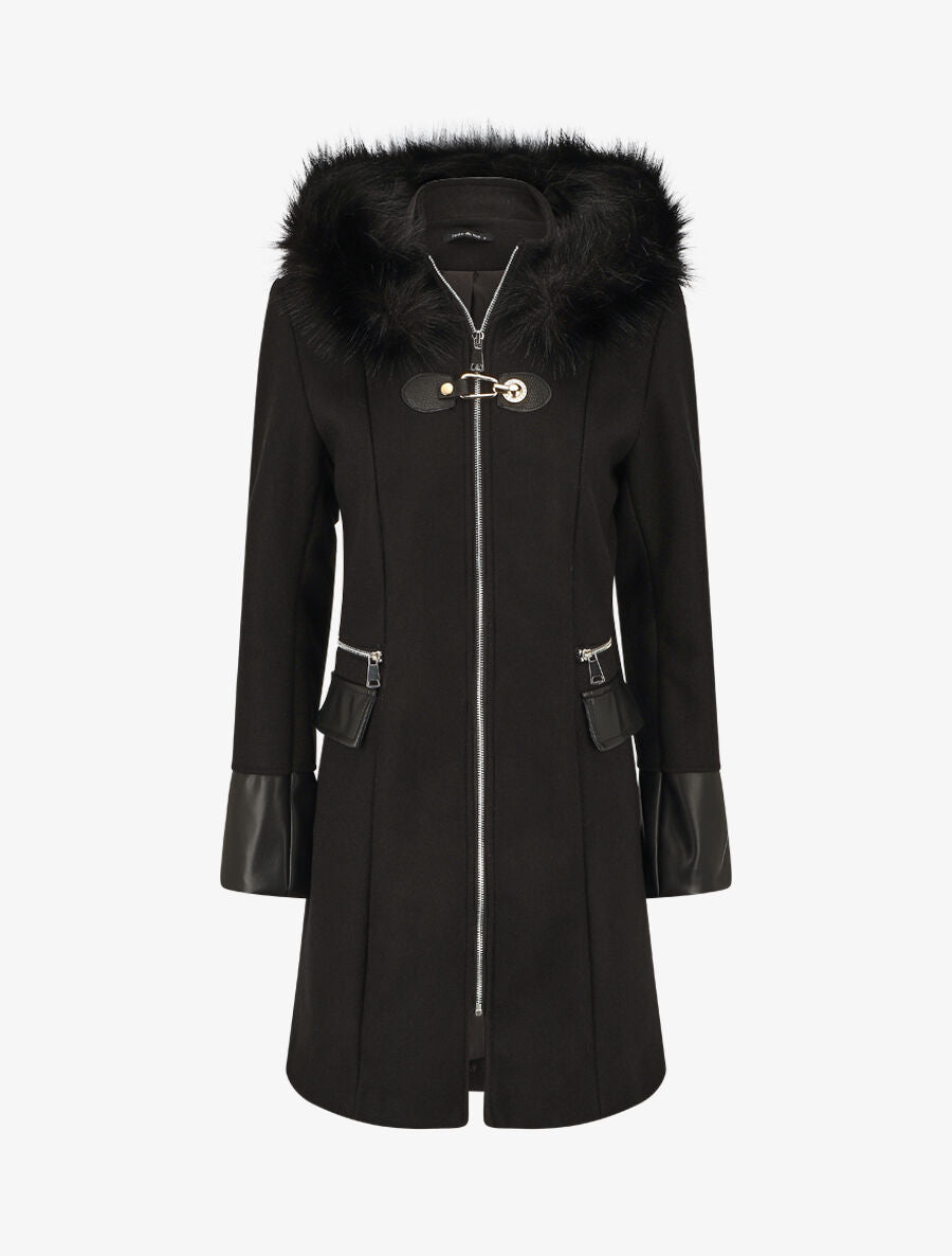 Manteau bi-matière à capuche en fausse fourrure - Noir - 4