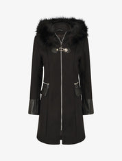 Manteau bi-matière à capuche en fausse fourrure - Noir - 4