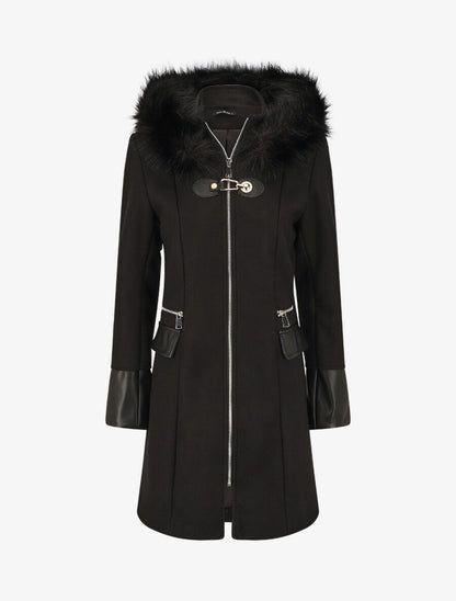 Manteau bi-matière à capuche en fausse fourrure - Noir - 4