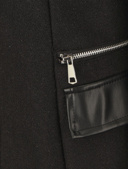 Manteau bi-matière à capuche en fausse fourrure - Noir - 3