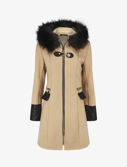 Manteau bi-matière à capuche en fausse fourrure - Beige - 1