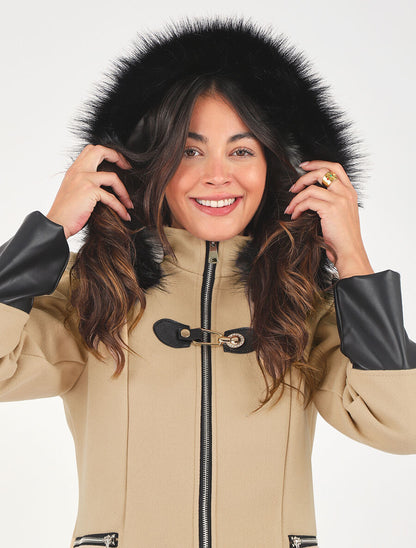 Manteau bi-matière à capuche en fausse fourrure - Beige - 6