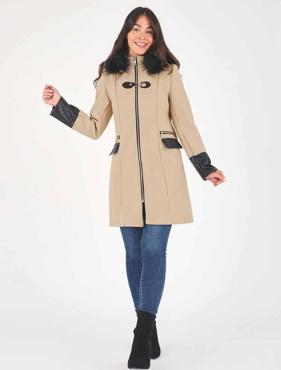 Manteau bi-matière à capuche en fausse fourrure - Beige - 4