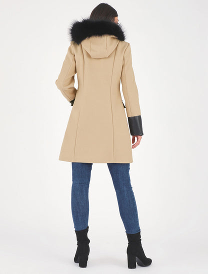Manteau bi-matière à capuche en fausse fourrure - Beige - 5