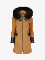 Manteau bi-matière à capuche en fausse fourrure - Camel - 7