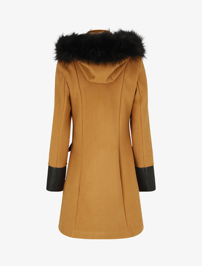 Manteau bi-matière à capuche en fausse fourrure - Camel - 2