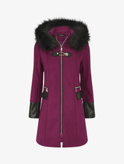 Manteau bi-matière à capuche en fausse fourrure - Violine - 1