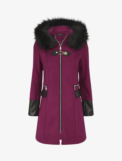 Manteau bi-matière à capuche en fausse fourrure - Violine - 1