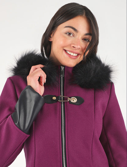 Manteau bi-matière à capuche en fausse fourrure - Violine - 6
