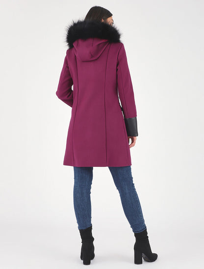 Manteau bi-matière à capuche en fausse fourrure - Violine - 5